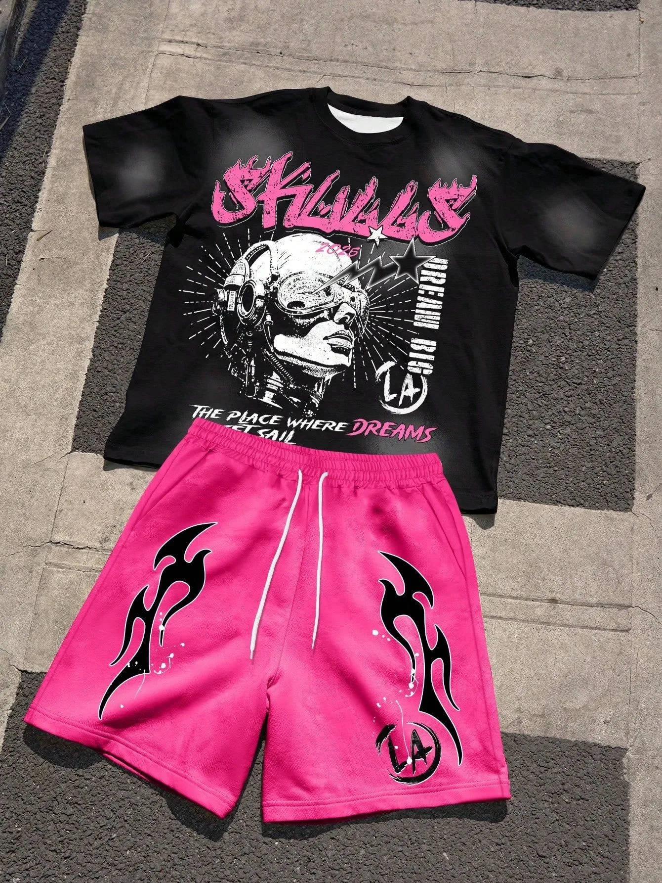 여름 남성 유행 통기성 편안한 편지 인쇄 라운드 넥 티셔츠 반바지 세트 야외 캐주얼 탑