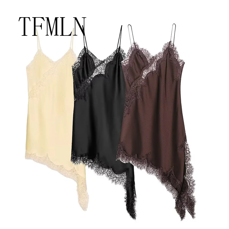 여성 섹시 불규칙 레이스 드레스 패션 V넥 밑단 멜빵 롱 드레스 2025 신상 파티 드레스