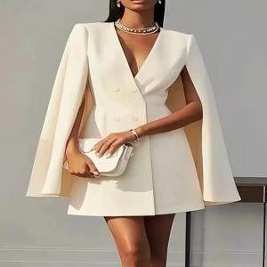 여성 패션 통근 솔리드 블레이저 드레스 오피스 더블 브레스트 허리 파티 드레스 우아한 v 넥 숄 케이프 슬리브 미디 드레스