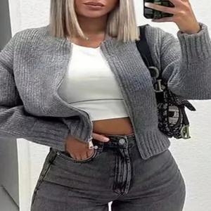 가볍고 따뜻한 여성 캐주얼 크루넥 가디건, 단색 가을 겨울 패션 시크 오픈 프론트 디자인, 체인 장식