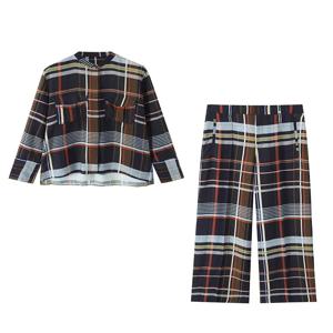 스트리트 패션 체크 셔츠 투피스 세트 여성 긴팔 상의 와이드 레그 팬츠 세트 2025 여름 캐주얼 여성 의상