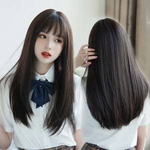 헤어 익스텐션 합성 귀여운 JK 소녀 코스프레 에어뱅 가발 통기성 헤드 커버 50cm 롱 스트레이트 가발 모자 여성용