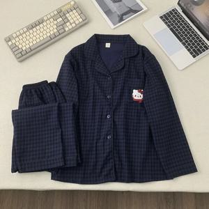 헬로키티 자수 파자마 여성 가을 겨울 플래드 라운지 세트 (긴팔 상의 및 바지) 편안한 빅사이즈 홈웨어