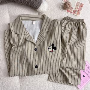 미키 마우스 스트립 인쇄 여성 잠옷 세트 가을 겨울 가정 의류 달콤한 귀여운 잠옷 만화 학생 Homewear 한국어