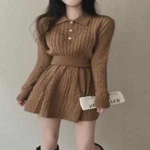 한국 스타일 시크 트위스트 니트 스웨터 폴로넥 탑 하이웨이스트 플리츠 스커트 스몰 사이즈 투피스 세트 여성 가을 겨울