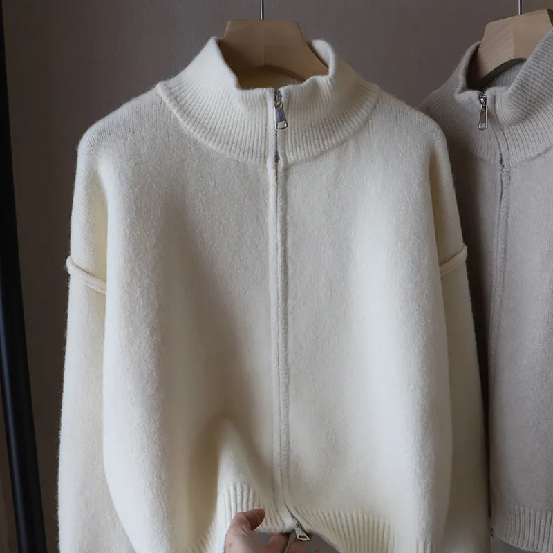 여성용 니트 가디건 더블 지퍼 스탠드 칼라 스웨터 코트 캐주얼 다용도 가을 겨울 신상 한국 스타일