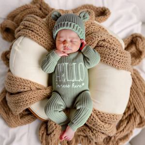 Ylsteed '헬로' 자수 니트 신생아 출생 발표 의상 아기 곰 귀 사진 촬영 점프수트 유아 사진 소품