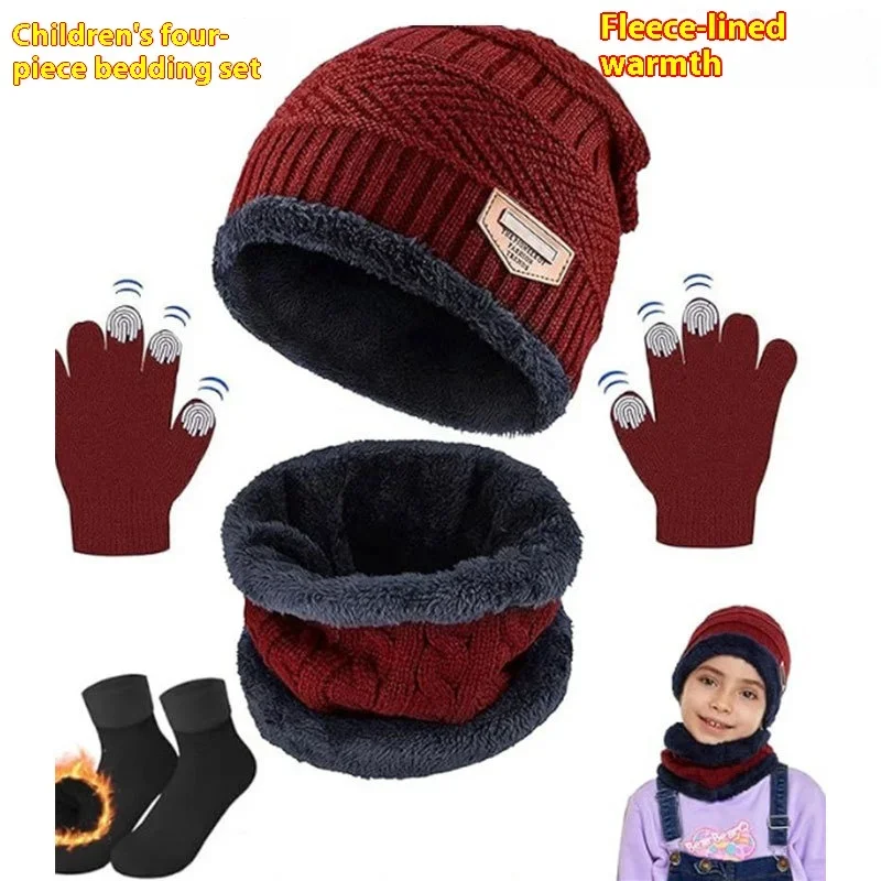 4피스 어린이 겨울 모자 목도리 장갑 세트 양말 포함 따뜻한 플리스 안감 니트 비니 두꺼운 귀마개 목도리 도매