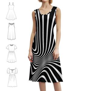 레트로한 모양과 라인의 흑백 옵티컬 아트 프레피 스타일 미니 드레스 여성용 A라인 루즈핏 캐주얼 데이 드레스 옵 아트