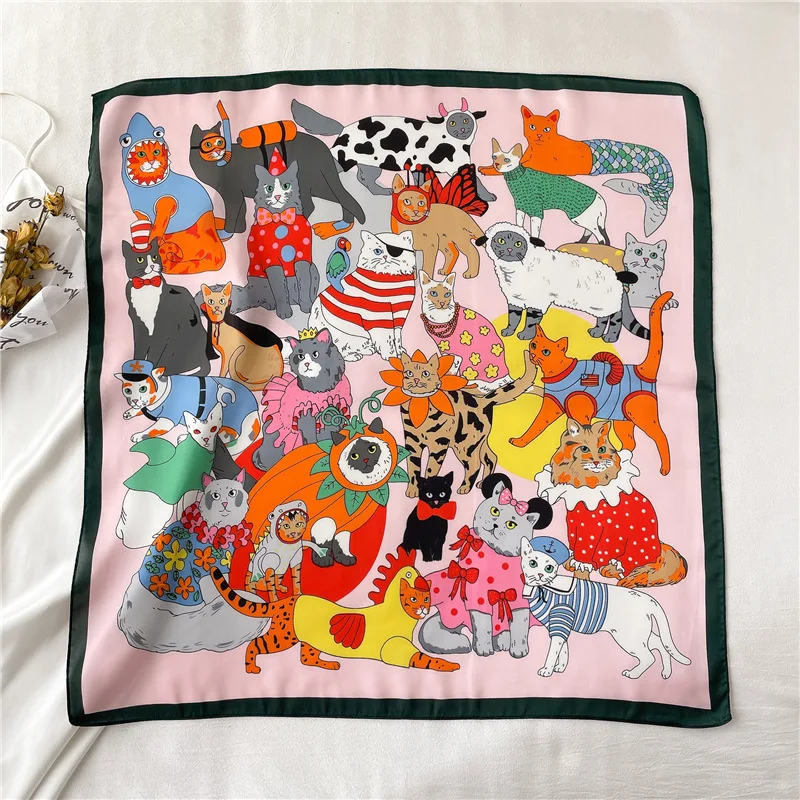 2024 실크 목도리 인쇄 Headscarf 고양이 머리 랩 Neckerchief 여성 새틴 스퀘어 스카프 여성용 머리띠 Foulard Hijab Bandana