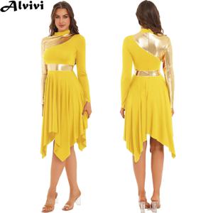 여자 왈츠 볼룸 서정적 댄스 드레스 긴 소매 비대칭 밑단 파티 드레스 교회 합창단 예배 무대 공연