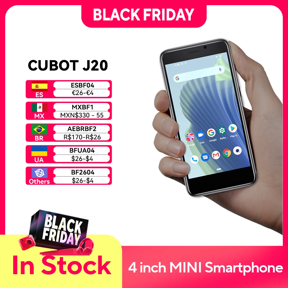 Cubot J20, Android 12, 4인치 미니 스크린, 16GB / 32GB ROM(128GB 확장), 듀얼 SIM 4G, 2350mAh 배터리, 5MP 후면 카메라,  WIFI, Bluetooth, GPS, 페이스ID