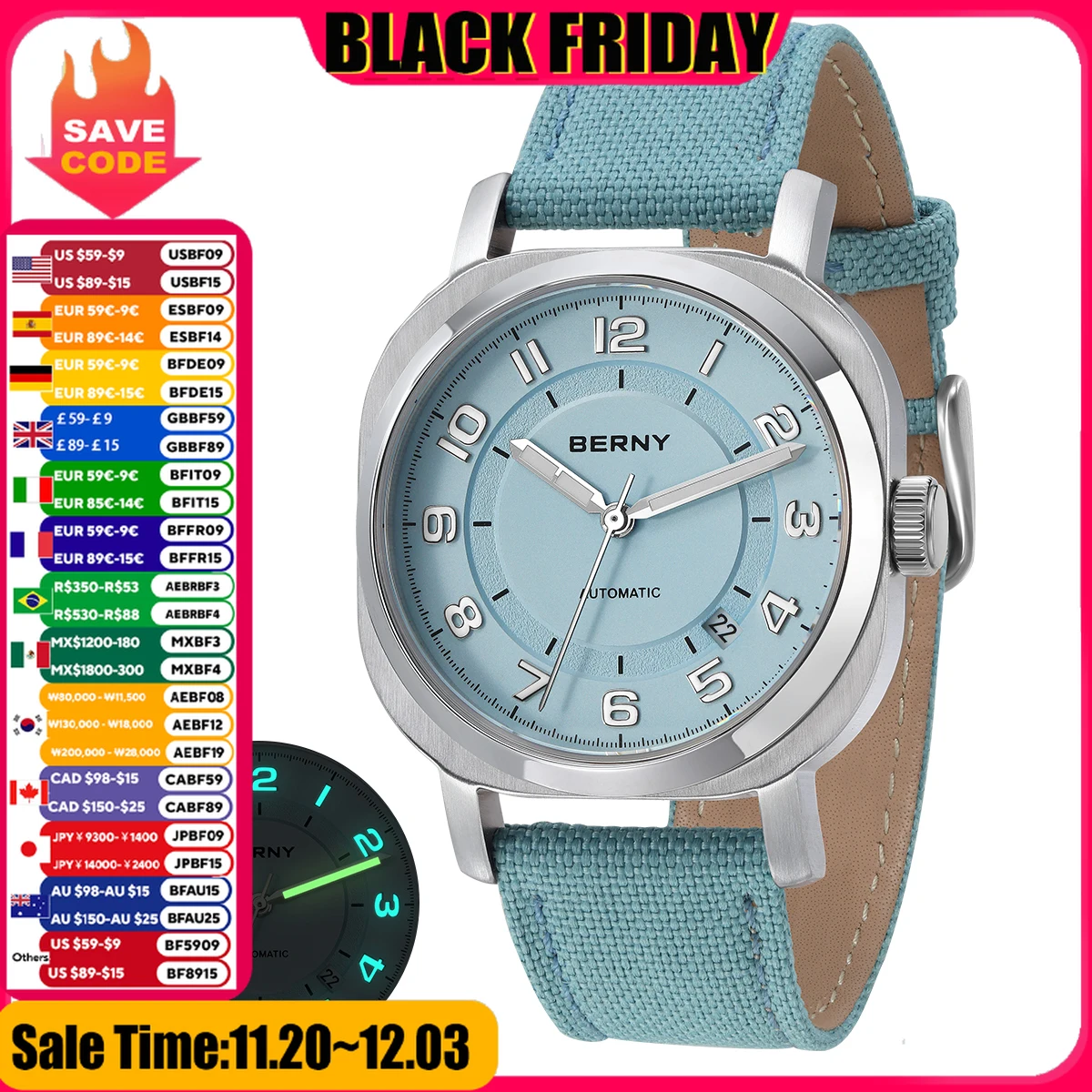 여성용 BERNY 기계식 시계 셀프 와인딩 베개 쿠션 사파이어 슈퍼 루미너스 손목시계 캔버스 캘린더 시계 여성용