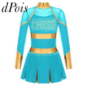 어린이 소녀 응원 댄스 코스튬 반짝이 라인스톤 치어리더 유니폼, 금속 패치워크, 긴 소매 치어리드 원피스