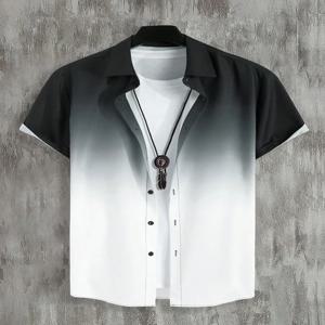 새로운 심플 그라데이션 하와이안 반팔 탑 캐주얼 비치 버튼 라펠 반팔 셔츠 편안한 남성 셔츠