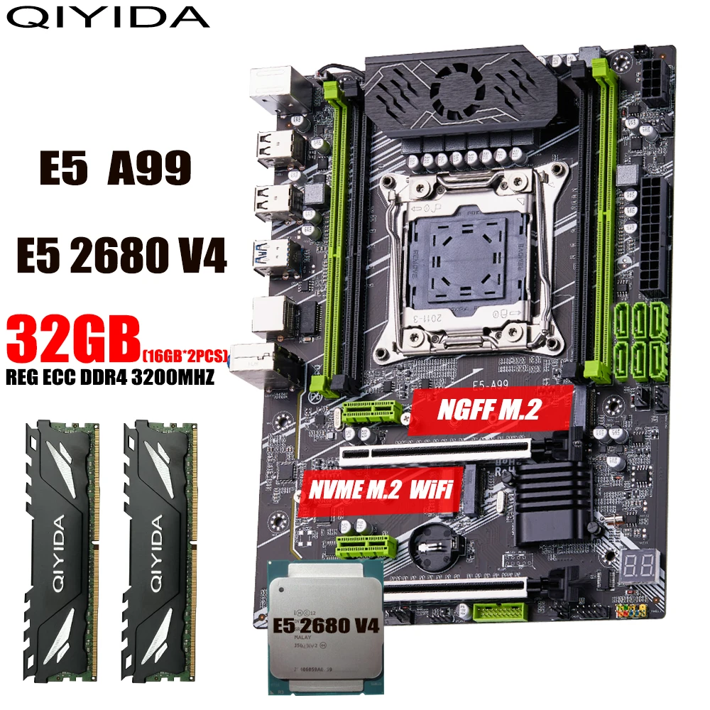 QIYIDA X99 마더보드 세트 키트, LGA2011-3 xeon E5 2680 V4, 2x16GB = 32GB, 3200MHz, 4 채널 DDR4 SATA 3.0 nvme M.2 SATA M.2ATX