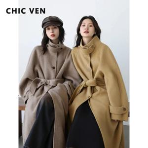 CHIC VEN 한국 여성 모직 코트, 싱글 브레스트, 느슨한 스탠드 칼라 벨트, 긴 양면 여성 오버코트, 가을 겨울 2024
