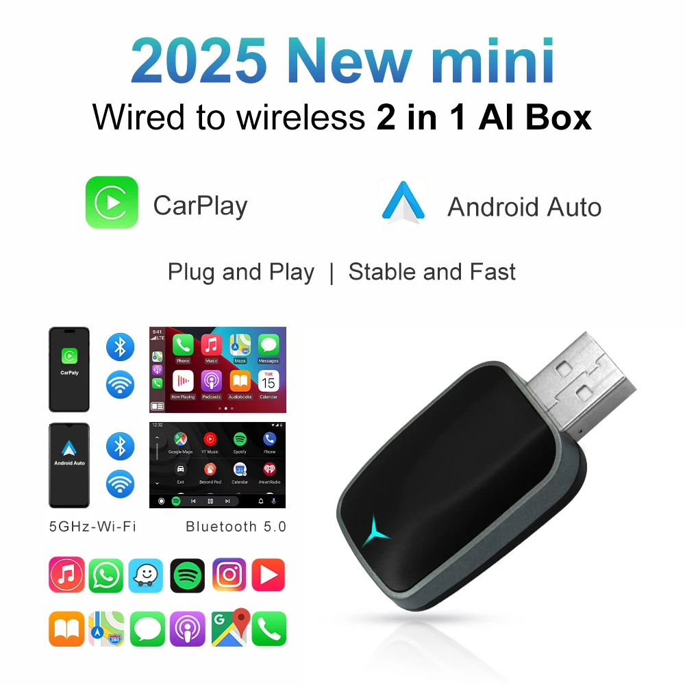 2025 새로운 2 In 1 무선 Carplay AI Box 안드로이드 자동 플러그 앤 플레이 원래 자동차 유선 Carplay를 무선으로 변환하는 데 적용 가능