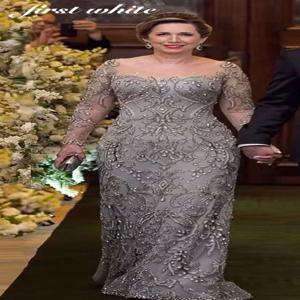 여성용 럭셔리 전체 소매 스윕 트레인 드레스, 신부 어머니 원피스, 바닥 길이 비즈