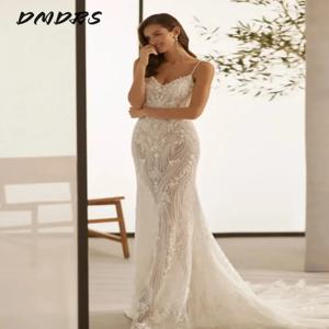 우아한 스파게티 스트랩 웨딩 드레스 2025 섹시한 v 넥 신부 가운 우아한 아플리케 a 라인 바닥 길이 가운 맞춤형