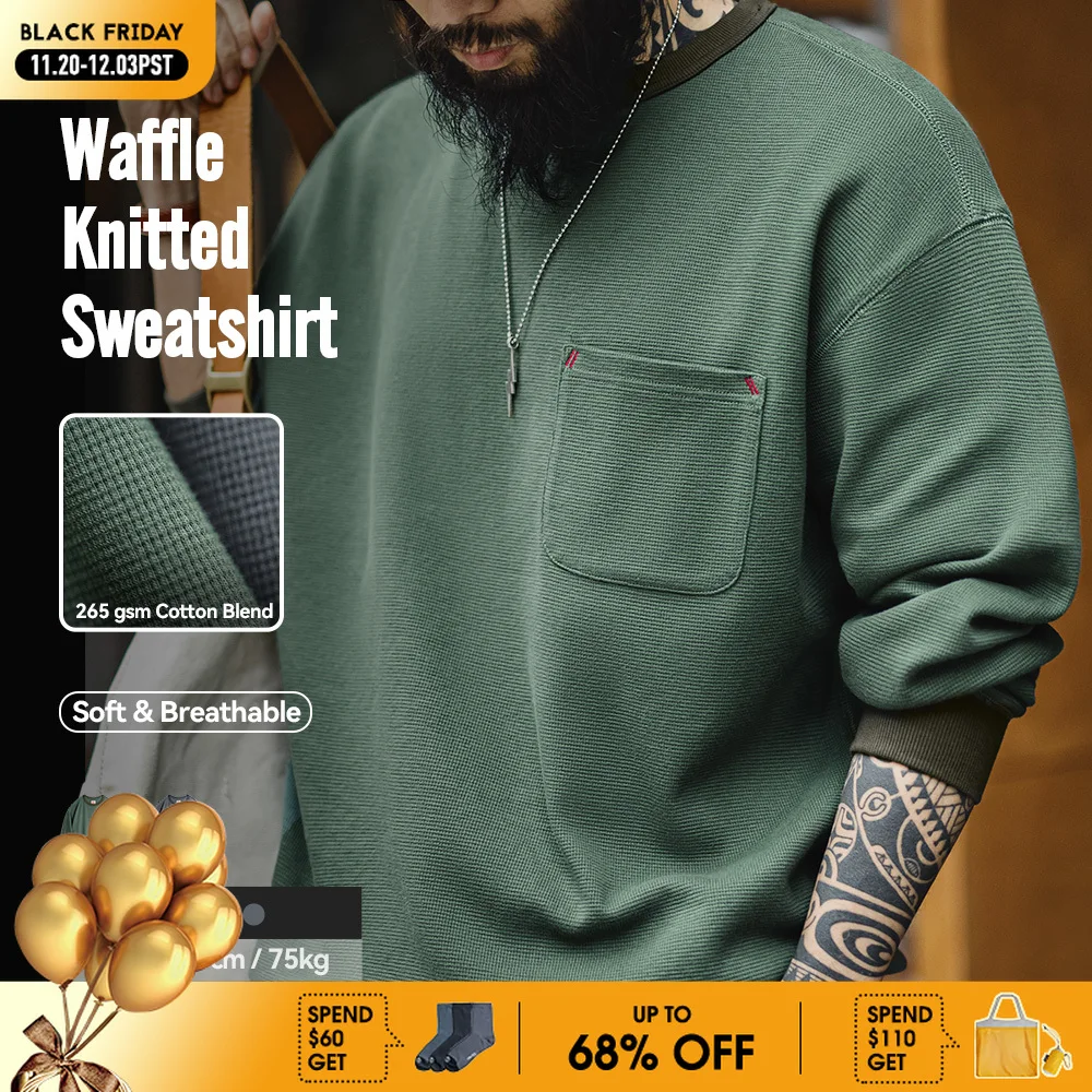 Maden 캐주얼 와플 니트 포켓 까마귀 남성용 봄 루즈 피트 긴 소매 풀오버 라운드 넥 스웨트 편안한 티셔츠