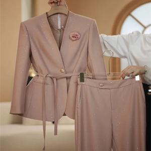 2025 봄 새로운 유행 정장 세트 여성 기질 전문 통근 스팽글 정장 와이드 레그 팬츠