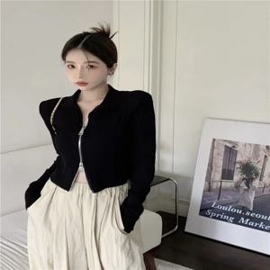 블랙 니트 가디건 코트 여성용 봄 가을 반팔 롱 지퍼 베이스 셔츠 이너웨어 섹시 숄더 탑