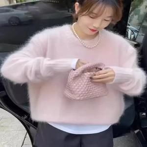 루즈핏 크루넥 풀오버 스웨터 여성용 핑크 캐시미어 편안한 니트 탑 가을 겨울 캐주얼 시크 스타일