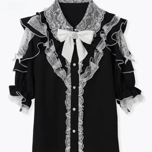 여름 일본 고딕 로리타 스타일 보우 셔츠 여성 스위트 Y2k 레이스 프릴 반소매 블라우스 탑 여성 빈티지 펑크 블라우스