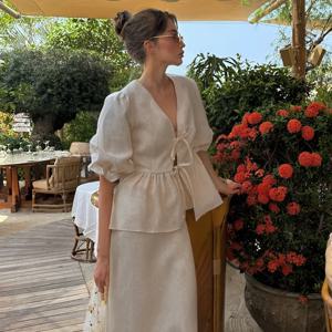 리나드 여름 V넥 퍼프 소매 A라인 롱 스커트 투피스 세트 여성 의류 패션 폴드 카키 루즈 세트 순면 우븐 슈트