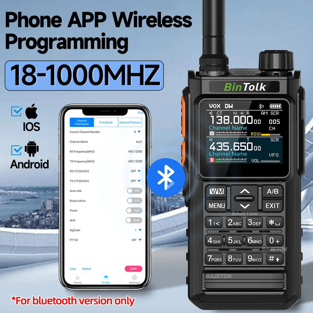 BinTolk BT7700 워키 토키 멀티 밴드 무선 블루투스 전화 프로그래밍 소음 감소 캠핑 BT8200 용 AM FM 햄 라디오