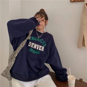 레트로 한국 스타일 루즈핏 긴팔 라운드넥 스웨트셔츠 여성용 레이지 스타일 편안한 폴리에스터 섬유 프린트 후드티