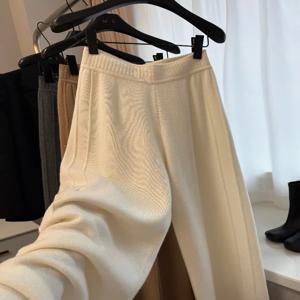 여성용 캐시미어 니트 와이드 레그 팬츠, 하이 웨이스트, 드레이프 스타일, 두꺼운, 바닥 길이, 겉옷에 적합