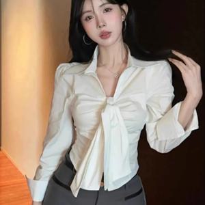 우아한 브이넥 긴팔 나비 매듭 벨트 셔츠 여성 패션 탑 초가을 순수한 매력 블라우스