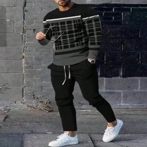 유행 남성 여름 줄무늬 오각형 인쇄 통기성 라운드 넥 긴팔 바지 세트 야외 캐주얼 의류