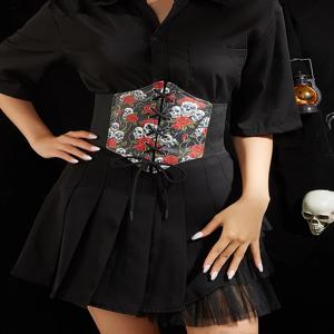 여성용 블랙 PU 해골 로즈 허리 벨트는 드레스 스커트 청바지와 짝을 이룹니다. 할로윈 파티에 적합합니다. 매일 착용합니다.