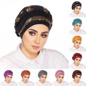 여성 히잡 터번 모자 스팽글 단색 브레이드 트위스트 캡 암 화학요법 비니 모자 헤드랩 플레이트 탈모 커버