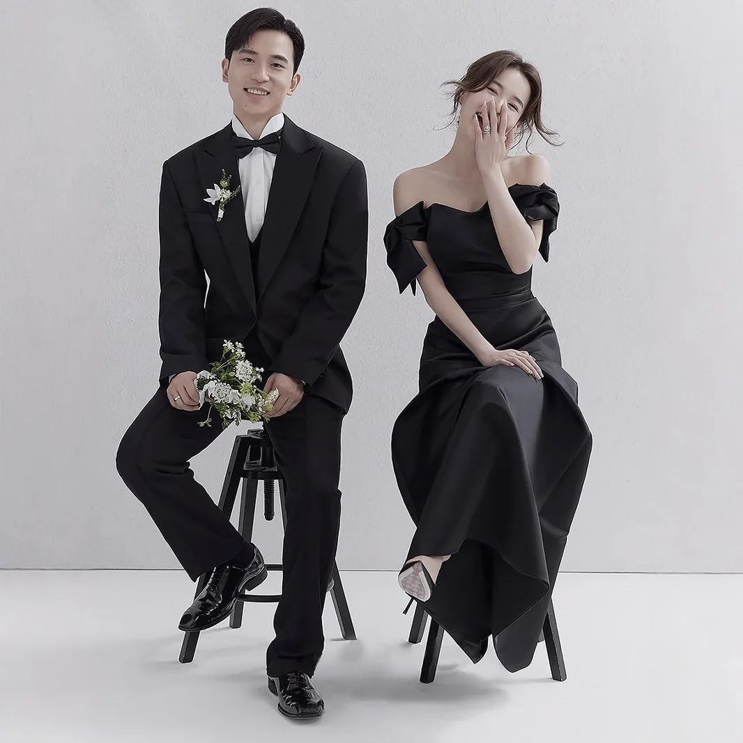 우아한 빈티지 블랙 새틴 원숄더 웨딩 드레스 커플 사진 촬영 스튜디오용 하이웨이스트 슬림핏 롱 이브닝 가운
