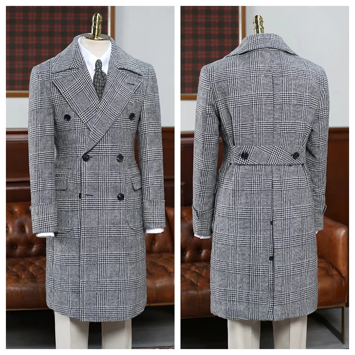 남성용 롱 블레이저 블랙 화이트 헤링본 패턴 남성용 롱 수트 재킷 클래식 플래드 더블 브레스티드 겨울 울 롱 코트