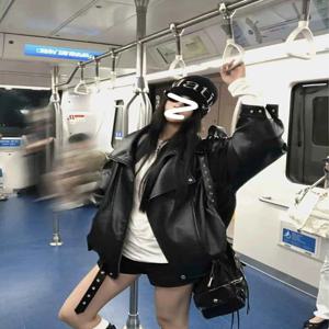 쿨 블랙 가죽 재킷 여성용 봄 가을 2025 신상 아메리칸 레트로 헤비 듀티 PU 모터사이클 조끼 숏 코트