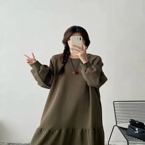 플러스 사이즈 캐주얼 긴팔 원피스 여성 루즈핏 배 가리기 패치워크 가을 롱 원피스 편안한 루즈 스타일