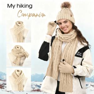 FURTALK 3종 세트 겨울 모자 장갑 스카프 세트 여성용 탈부착 가능한 폼폼 플리스 안감 스컬 캡 터치스크린 장갑 및 스카프