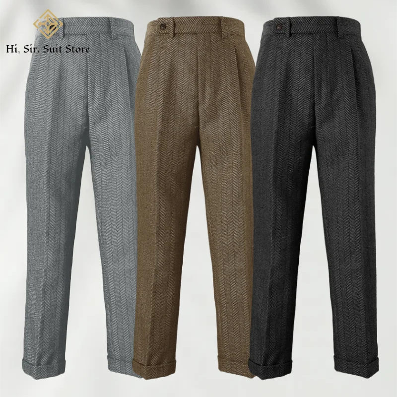신상 헤링본 울 바지 남성용 울 정장 바지 헤비웨이트 스트레이트 레그 비즈니스 아빠 바지 가을/겨울 플러스 사이즈