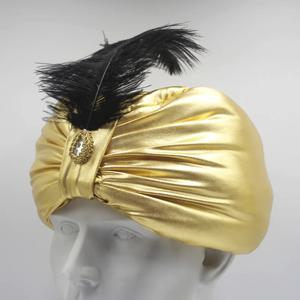 아랍 Pleated Turban 인도 Pleated 모자 남자 술탄 의상 모자를 쓰고 있죠 스카프 청동 민족 깃털 모자 민족 의상 전문