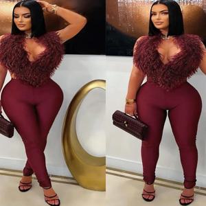 Nibber Hipster 2 피스 세트 여성 플러시 태슬 레이스 업 홀터넥 v 넥 백리스 조끼 + 고탄성 바지 섹시한 미드나잇 슈트