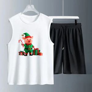 남성용 탱크탑 세트 반팔+반바지 세트 폴리에스터 통기성 남성용 스웨트셔츠 세트 여름 패션 스웨트셔츠 세트