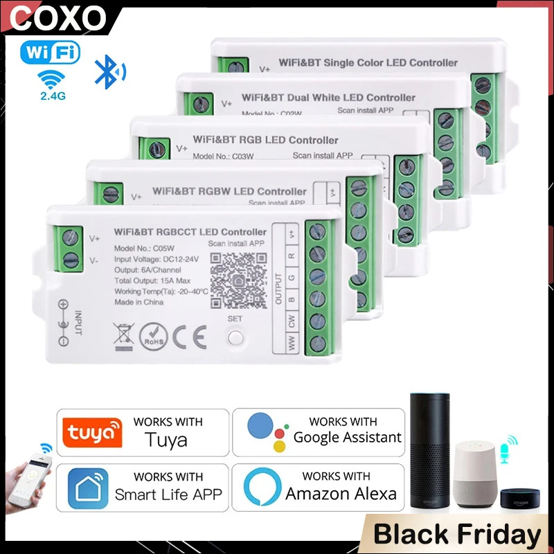 Tuya WiFi LED 컨트롤러 Alexa Google 홈 음성 제어 RGB RGBW CCT LED 스트립 스마트 컨트롤러 APP BT RF 원격 2.4G DC12V-24V
