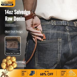 마덴 남성 14온스 로우 셀비지 데님 진 빈티지 스트레이트 핏 호스하이드 가죽 패치 파리 버클 청바지 (가을/겨울)