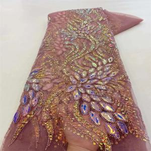 럭셔리 이브닝 드레스 2025 고품질 자수 프랑스 레이스 패브릭 아프리카 장식 조각 바느질을위한 파란색 된 얇은 명주 그물 레이스 원단