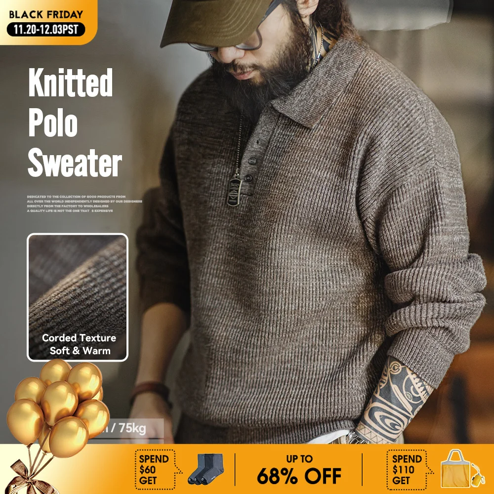 Maden 레트로 니트 폴로 셔츠 느슨한 커피 컬러 옷깃 스웨터 가을 겨울 남성 삼촌 푸 점퍼 캐주얼 니트웨어